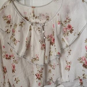 Free People Floral Ruffle Blouse - Cream and Pink